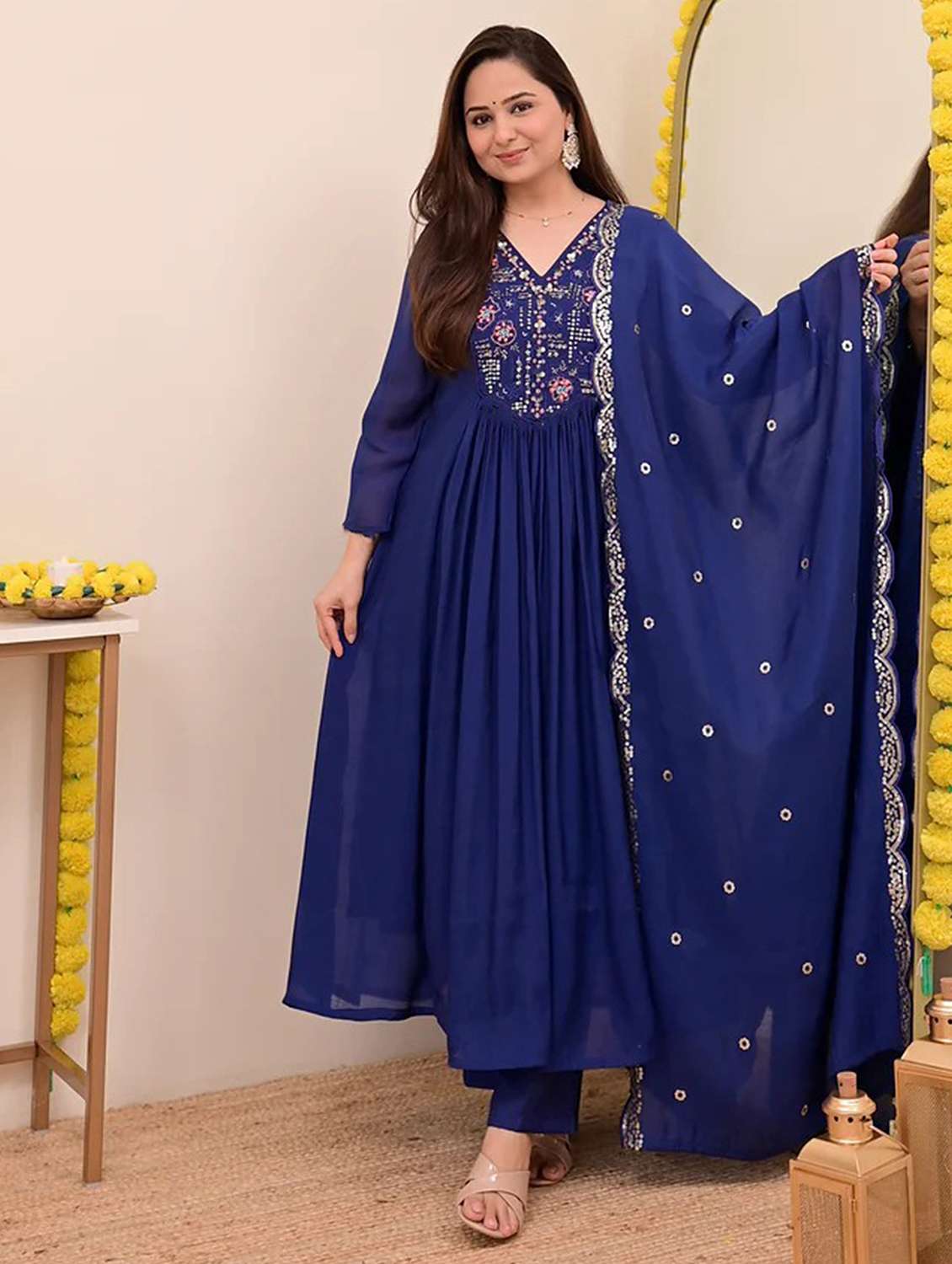 women solid with work three quarter sleeve kurta pant with dupatta set - 22379493 -  Standard Image - 3