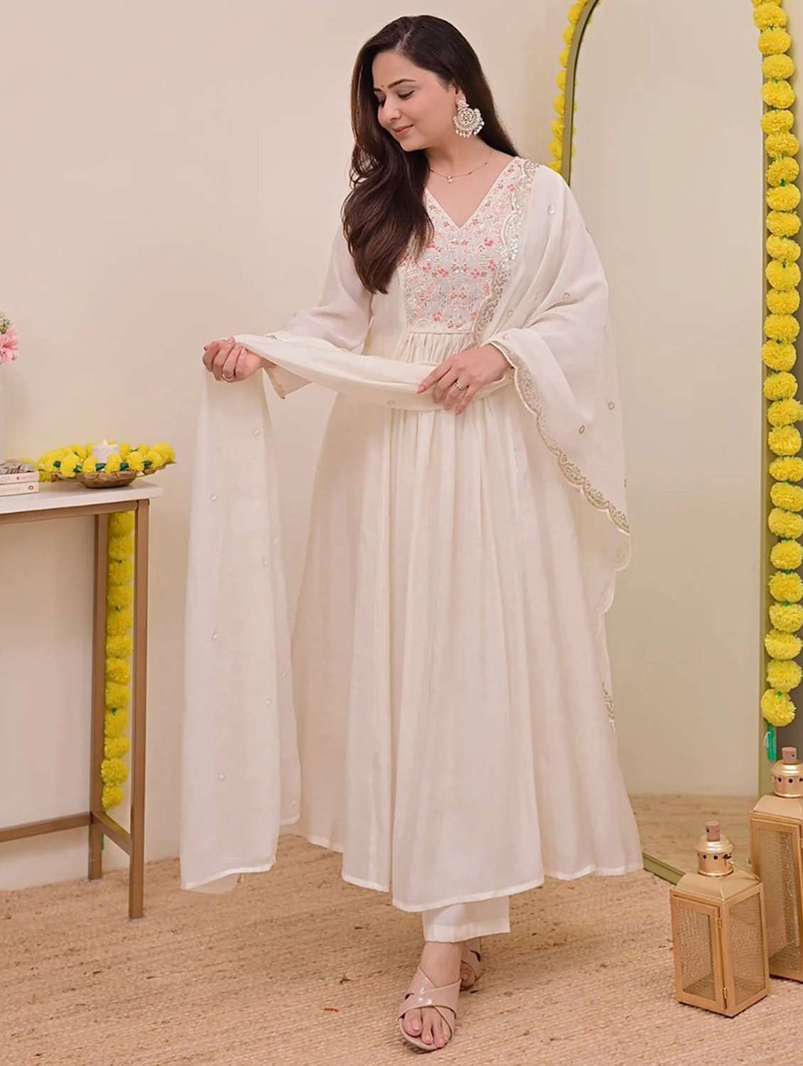 women solid with work three quarter sleeve kurta pant with dupatta set - 22379494 -  Standard Image - 3