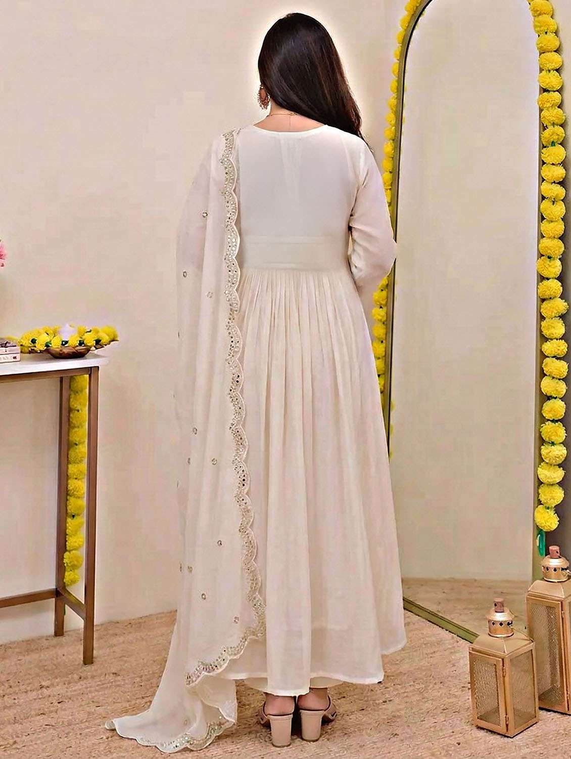 women solid with work three quarter sleeve kurta pant with dupatta set - 22379494 -  Standard Image - 5