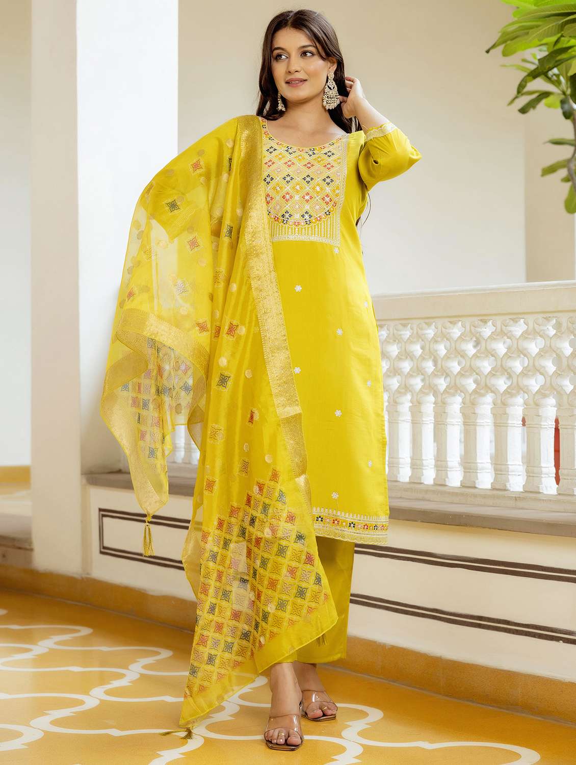 women solid with work three quarter sleeve kurta pant with dupatta set
