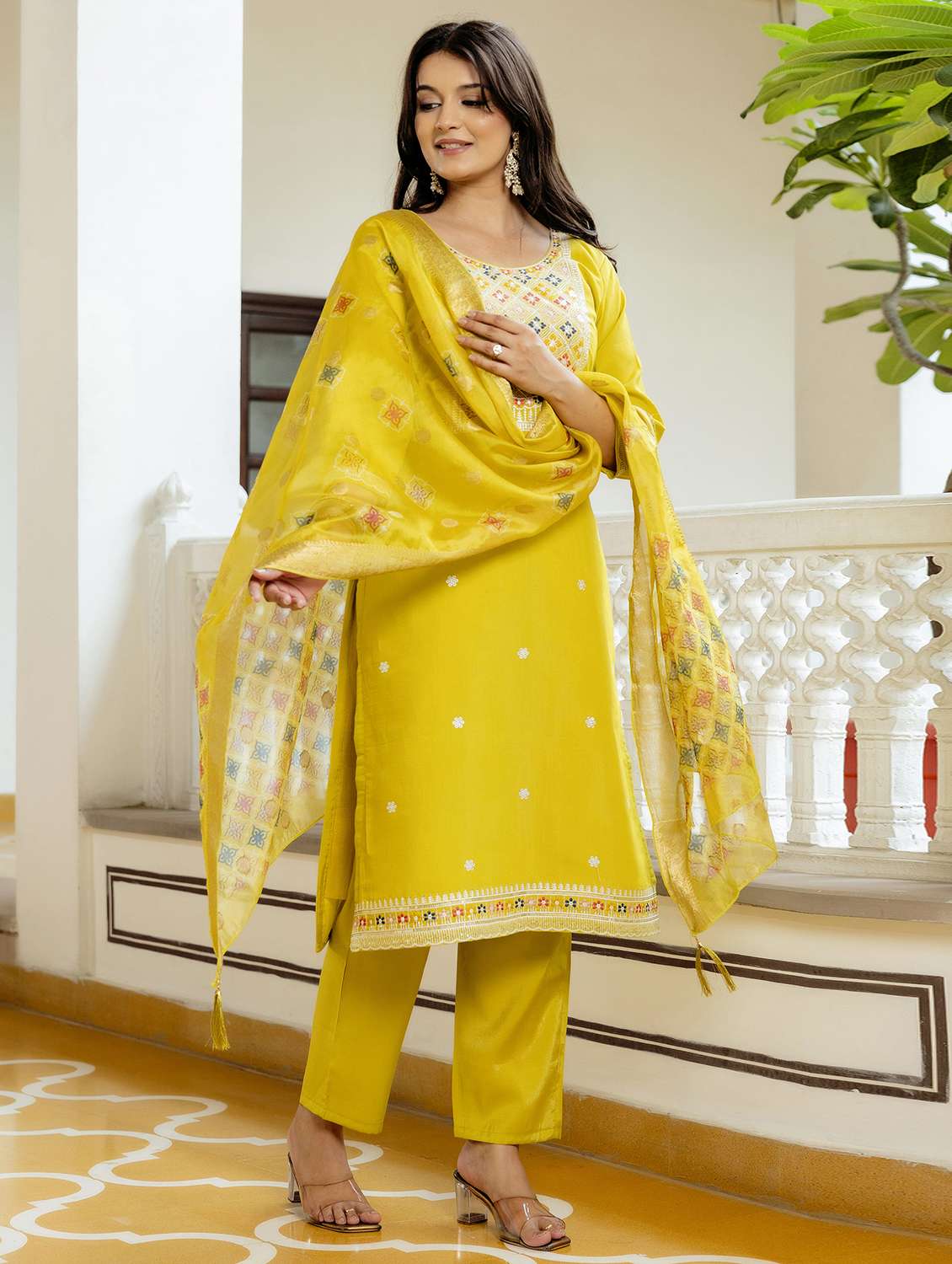 women solid with work three quarter sleeve kurta pant with dupatta set - 22379500 -  Standard Image - 3