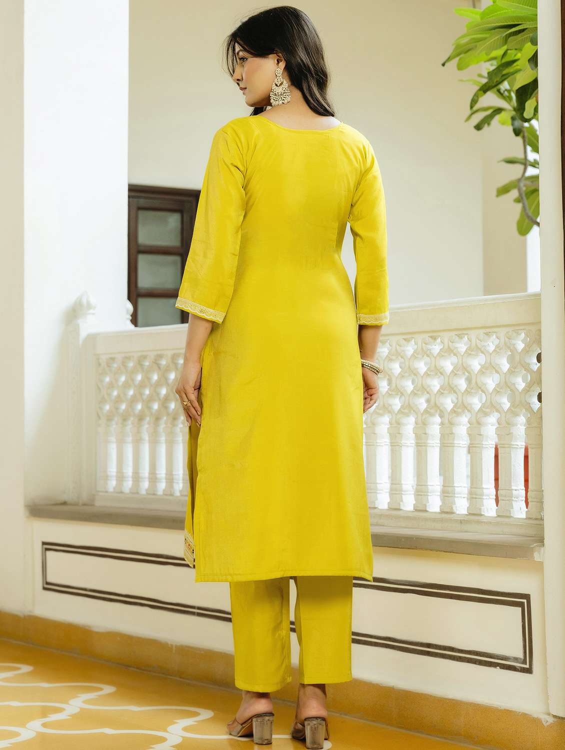 women solid with work three quarter sleeve kurta pant with dupatta set - 22379500 -  Standard Image - 5