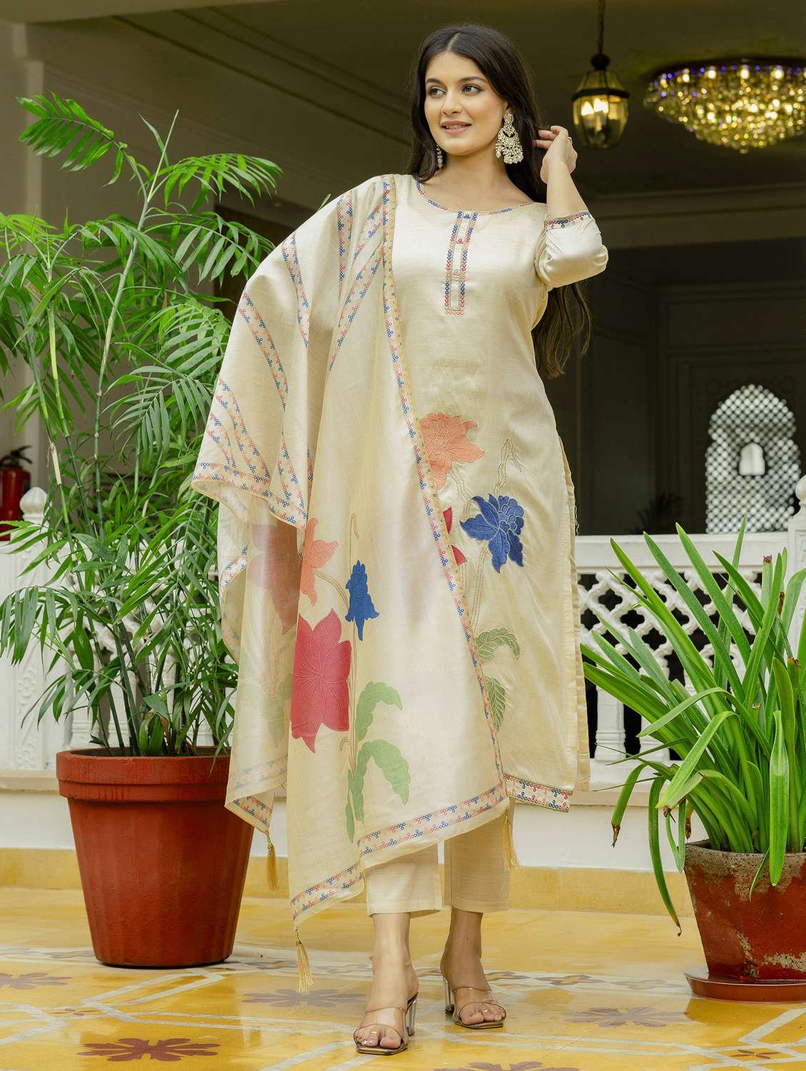 women solid with work three quarter sleeve kurta pant with dupatta set - 22379501 -  Standard Image - 3