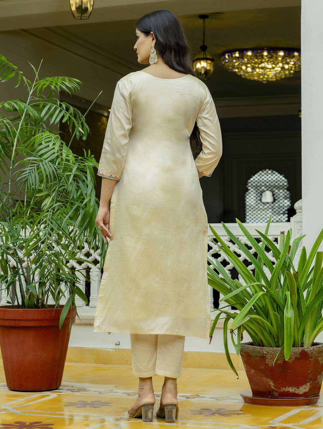 women solid with work three quarter sleeve kurta pant with dupatta set - 22379501 -  Standard Image - 5