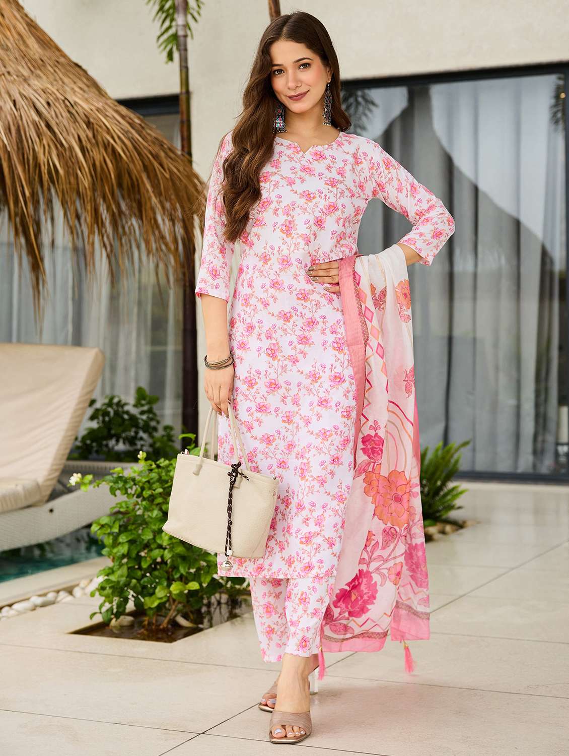 women floral three quarter sleeve kurta pant with dupatta set