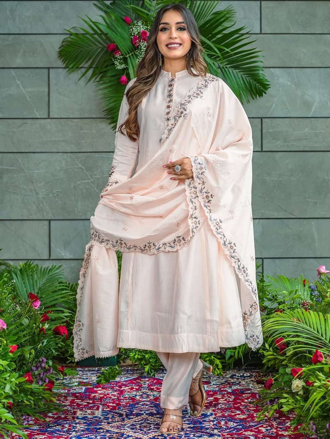 women solid with work three quarter sleeve kurta pant with dupatta set