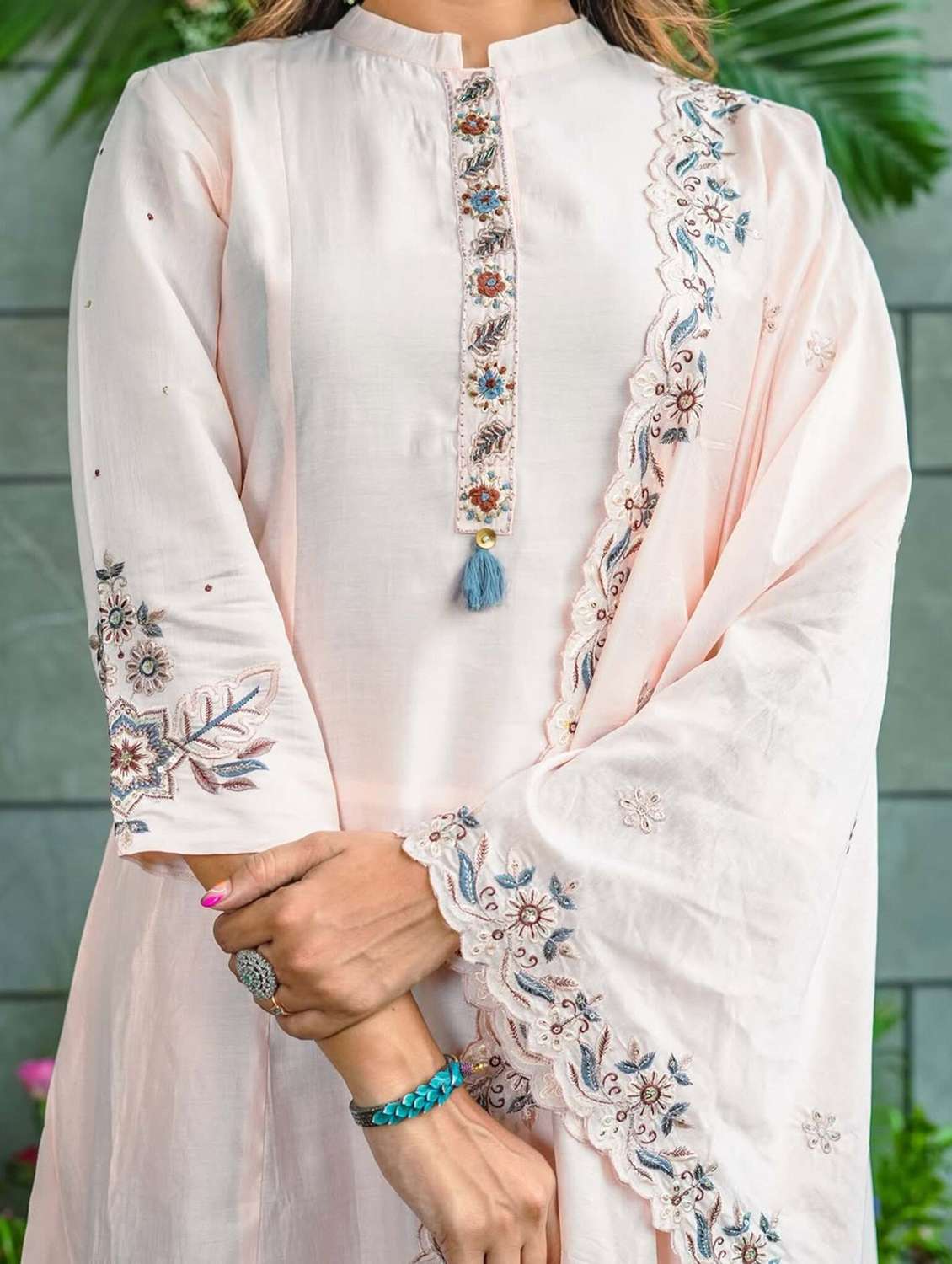 women solid with work three quarter sleeve kurta pant with dupatta set - 22379508 -  Standard Image - 3