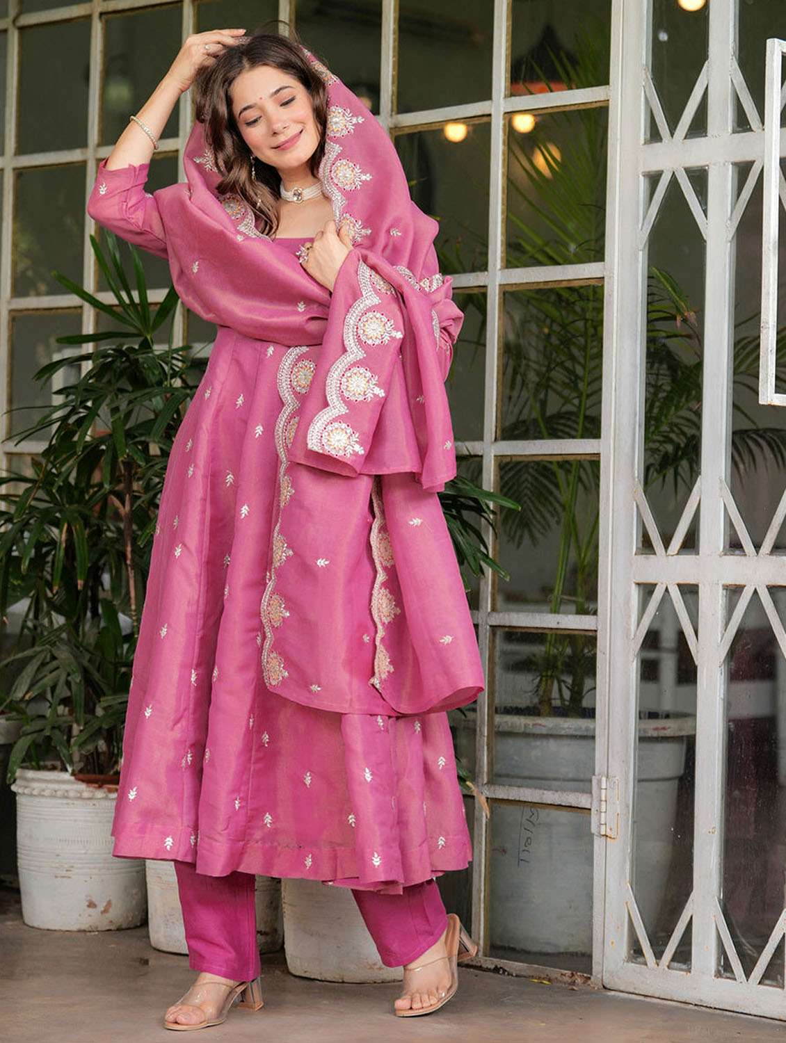 women solid with work three quarter sleeve kurta pant with dupatta set - 22379522 -  Standard Image - 3