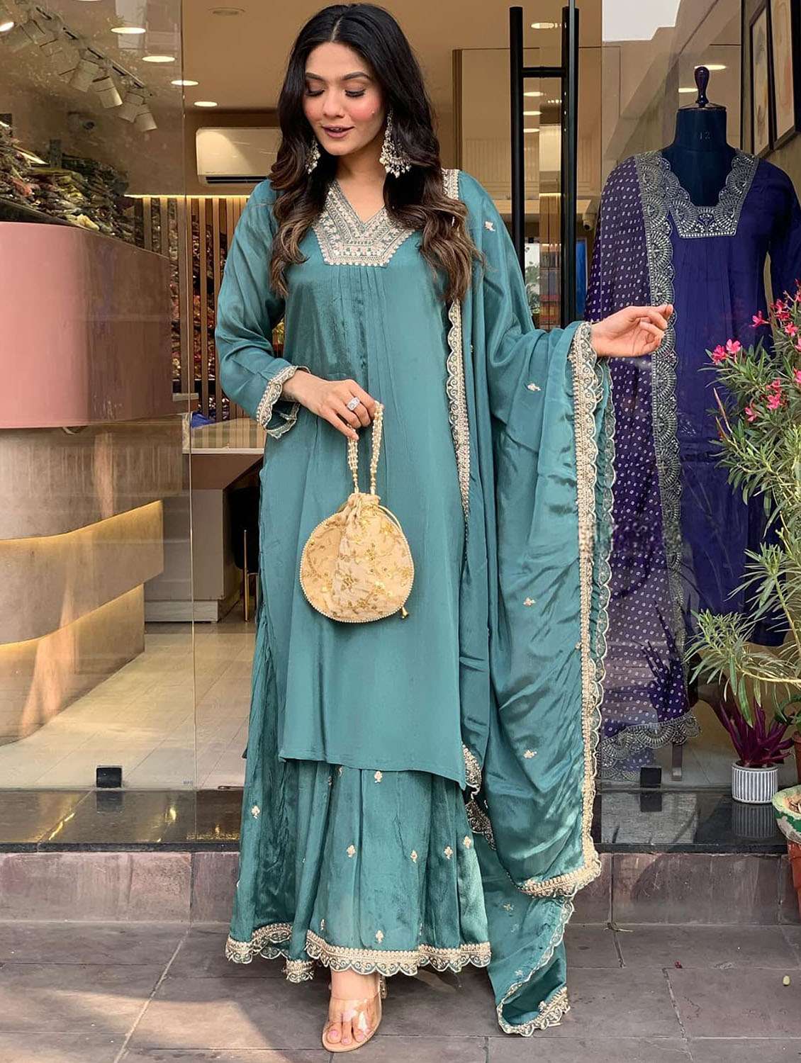 women solid with work long sleeve kurta sharara with dupatta set