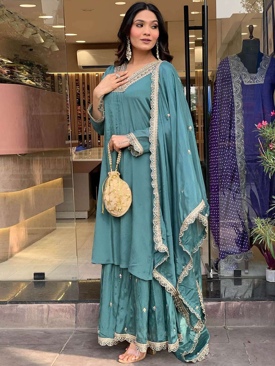 women solid with work long sleeve kurta sharara with dupatta set - 22379527 -  Standard Image - 3