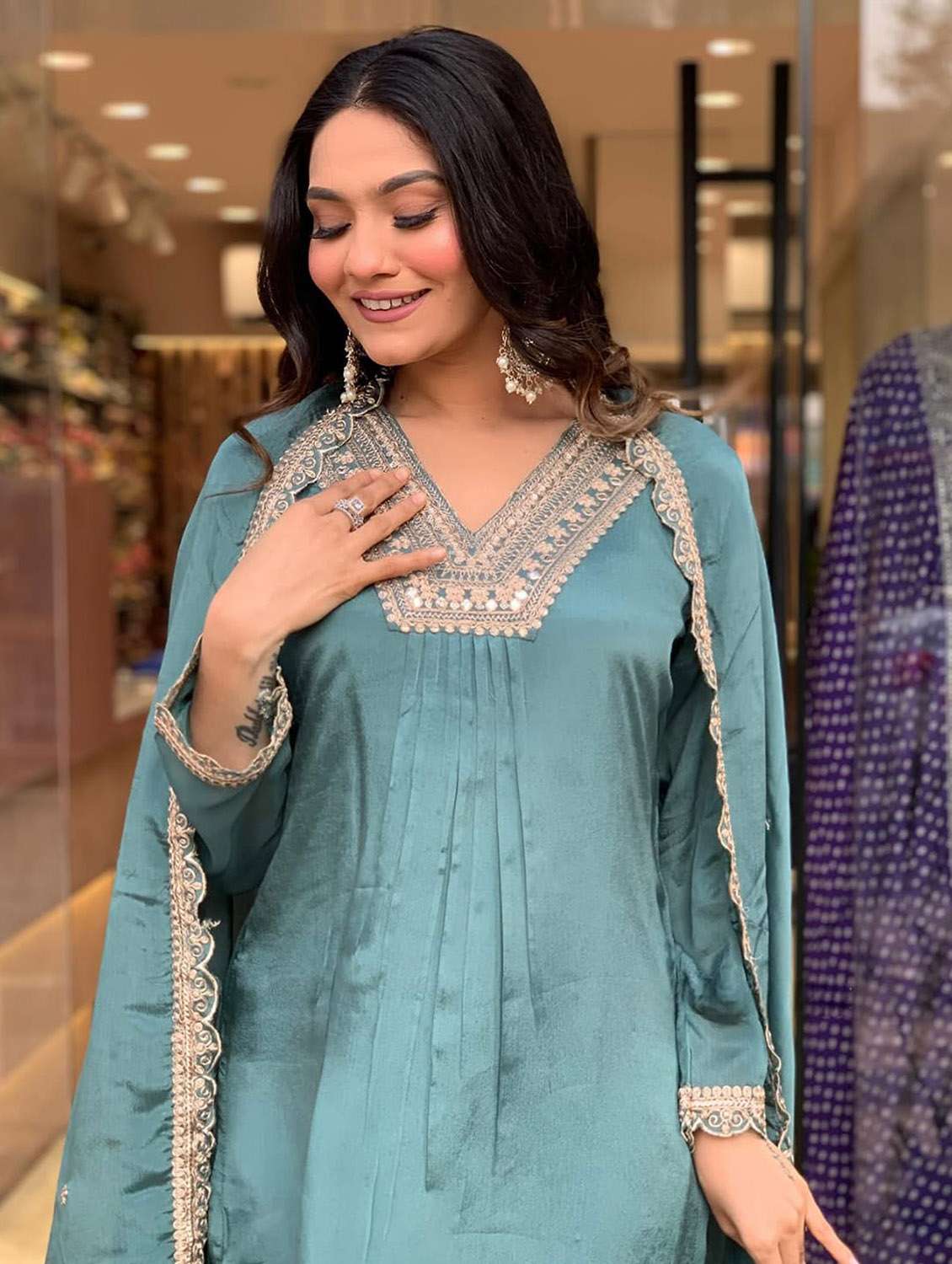 women solid with work long sleeve kurta sharara with dupatta set - 22379527 -  Standard Image - 5