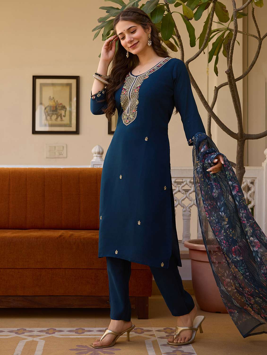 women solid with work three quarter sleeve kurta pant with dupatta set - 22379528 -  Standard Image - 3