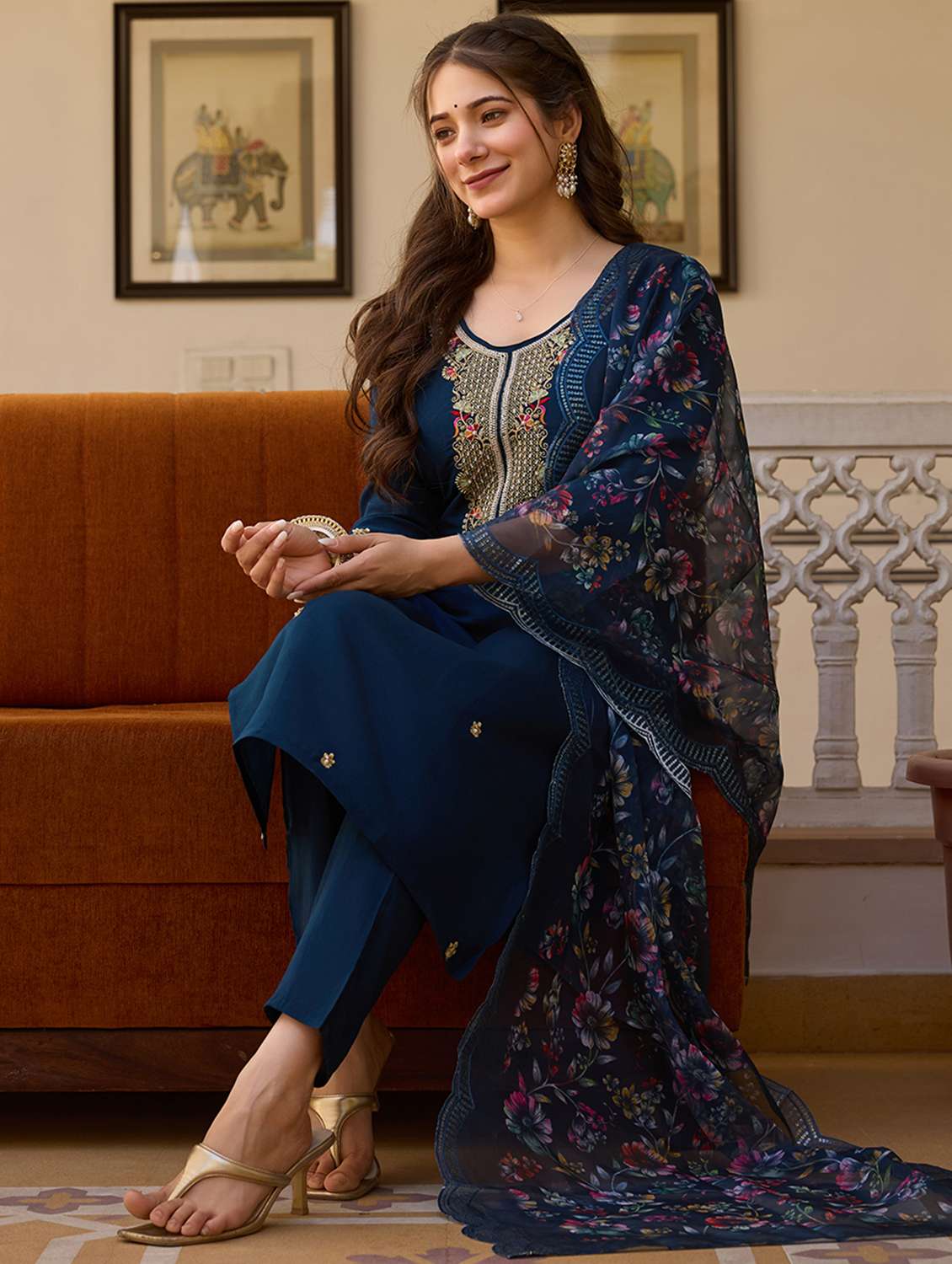 women solid with work three quarter sleeve kurta pant with dupatta set - 22379528 -  Standard Image - 5