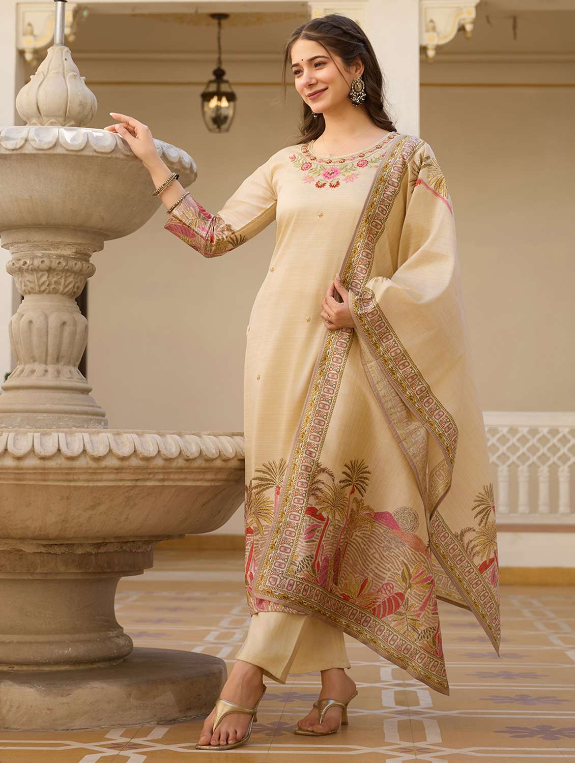 women solid with work three quarter sleeve kurta pant with dupatta set - 22379529 -  Standard Image - 3