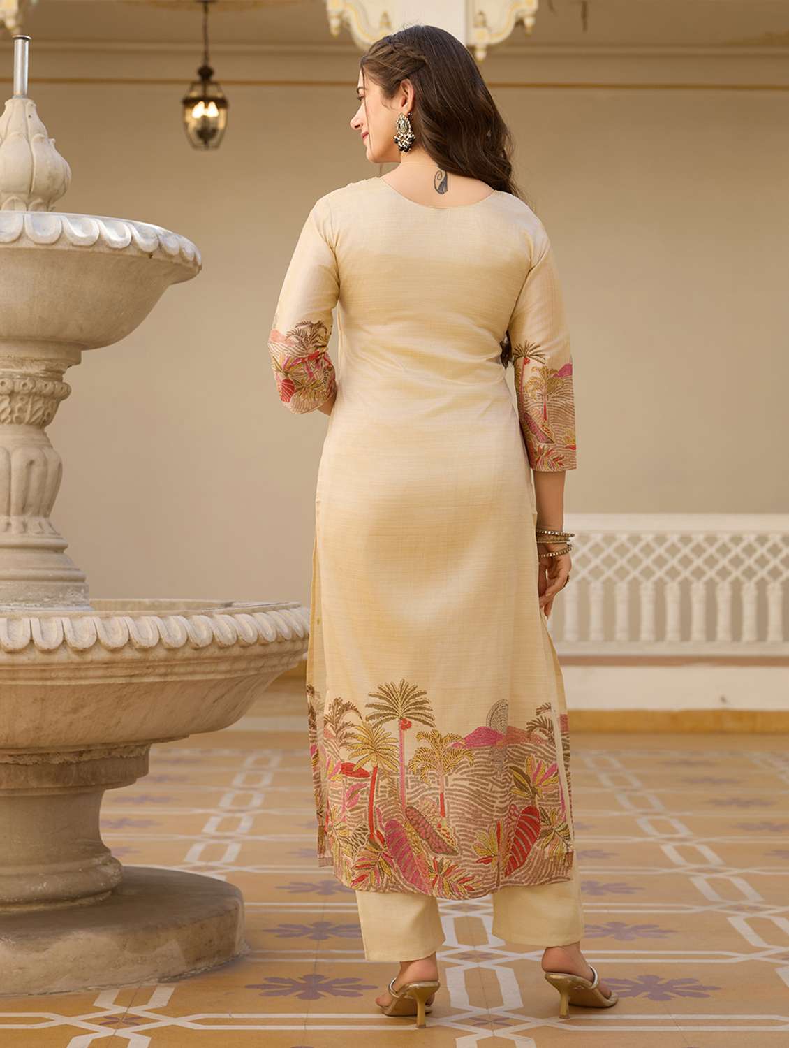 women solid with work three quarter sleeve kurta pant with dupatta set - 22379529 -  Standard Image - 5