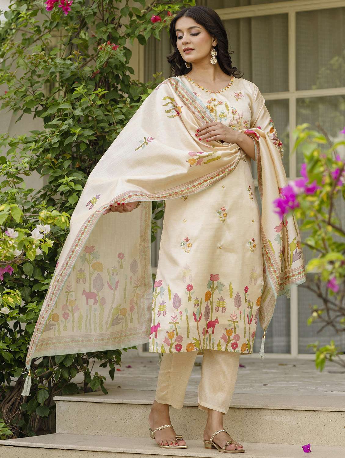 women printed three quarter sleeve kurta pant with dupatta set