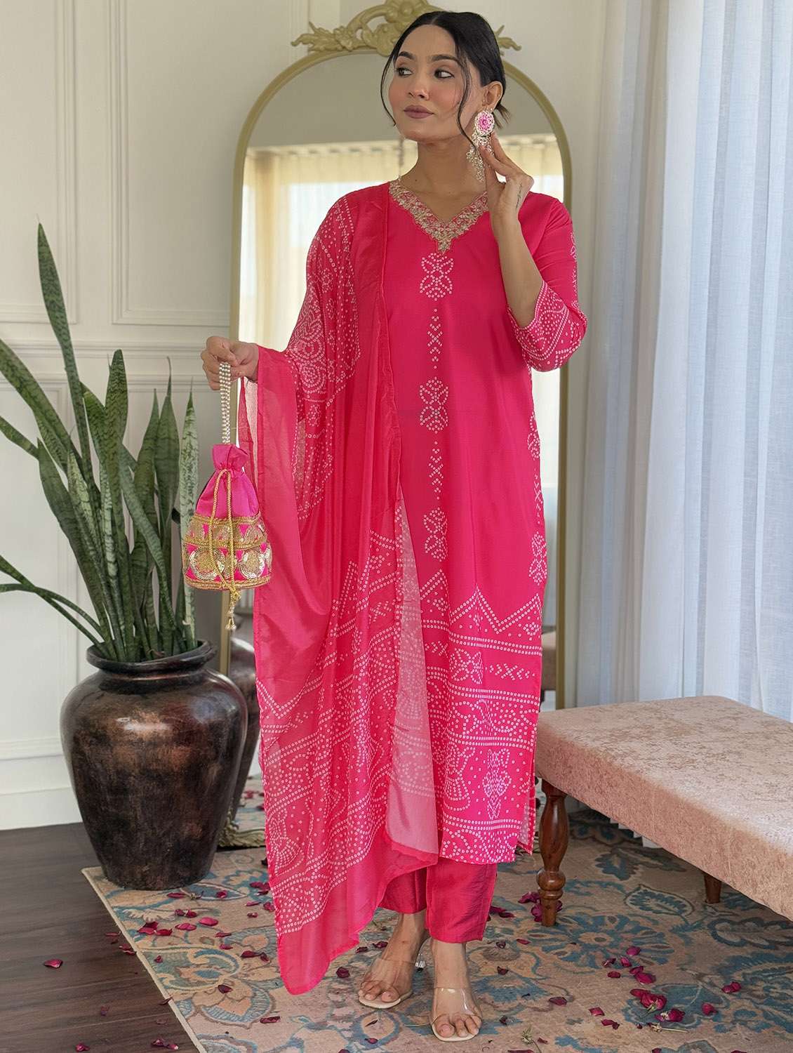 women bandhani three quarter sleeve kurta pant with dupatta set - 22379539 -  Standard Image - 3