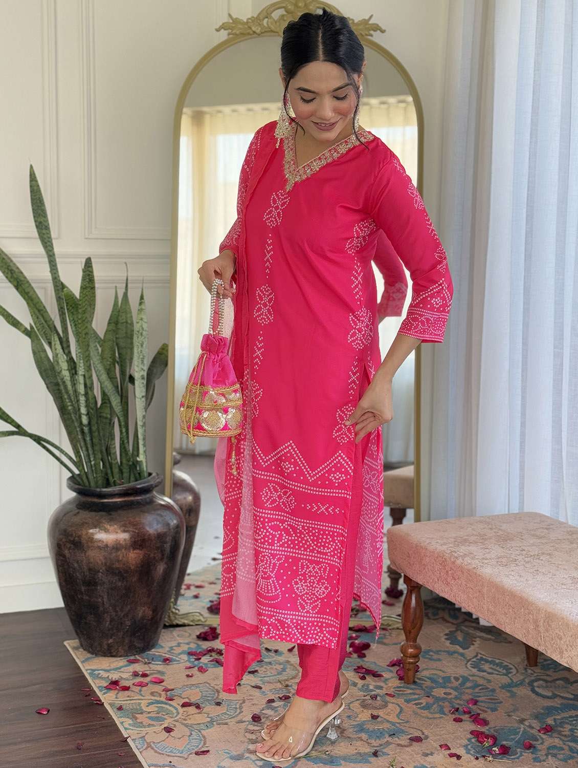 women bandhani three quarter sleeve kurta pant with dupatta set - 22379539 -  Standard Image - 5