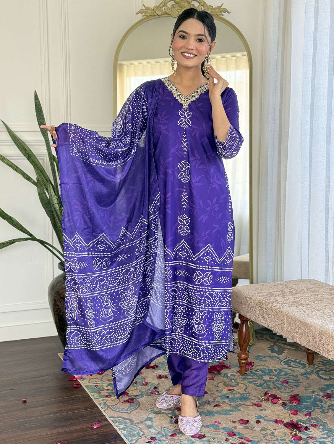 women bandhani three quarter sleeve kurta pant with dupatta set - 22379540 -  Standard Image - 5