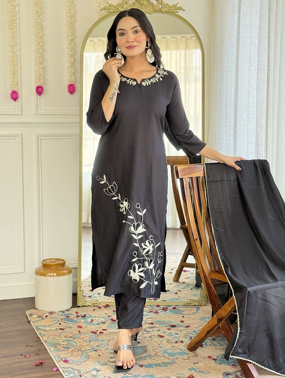 women solid with work three quarter sleeve kurta pant with dupatta set - 22379545 -  Standard Image - 3