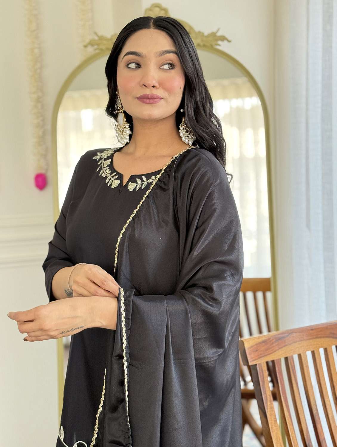 women solid with work three quarter sleeve kurta pant with dupatta set - 22379545 -  Standard Image - 5