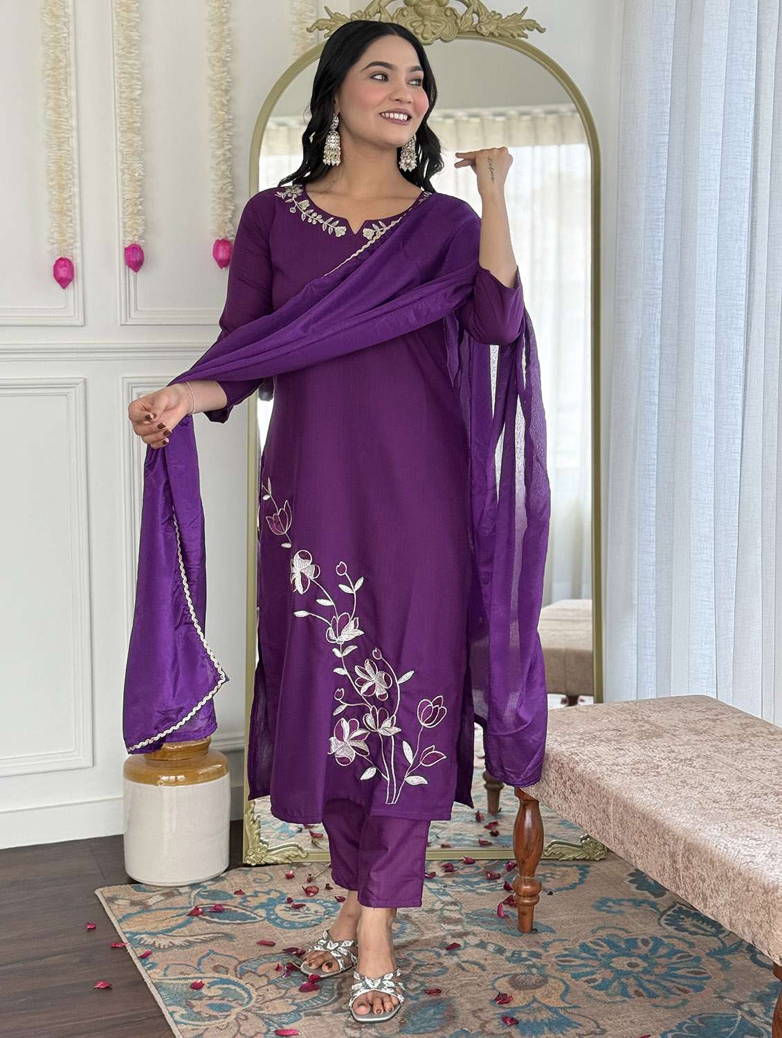 women solid with work three quarter sleeve kurta pant with dupatta set