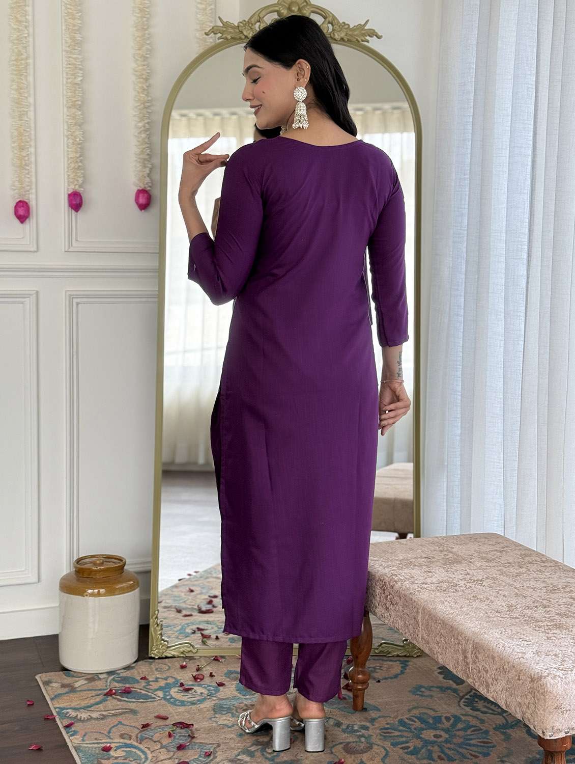 women solid with work three quarter sleeve kurta pant with dupatta set - 22379547 -  Standard Image - 5