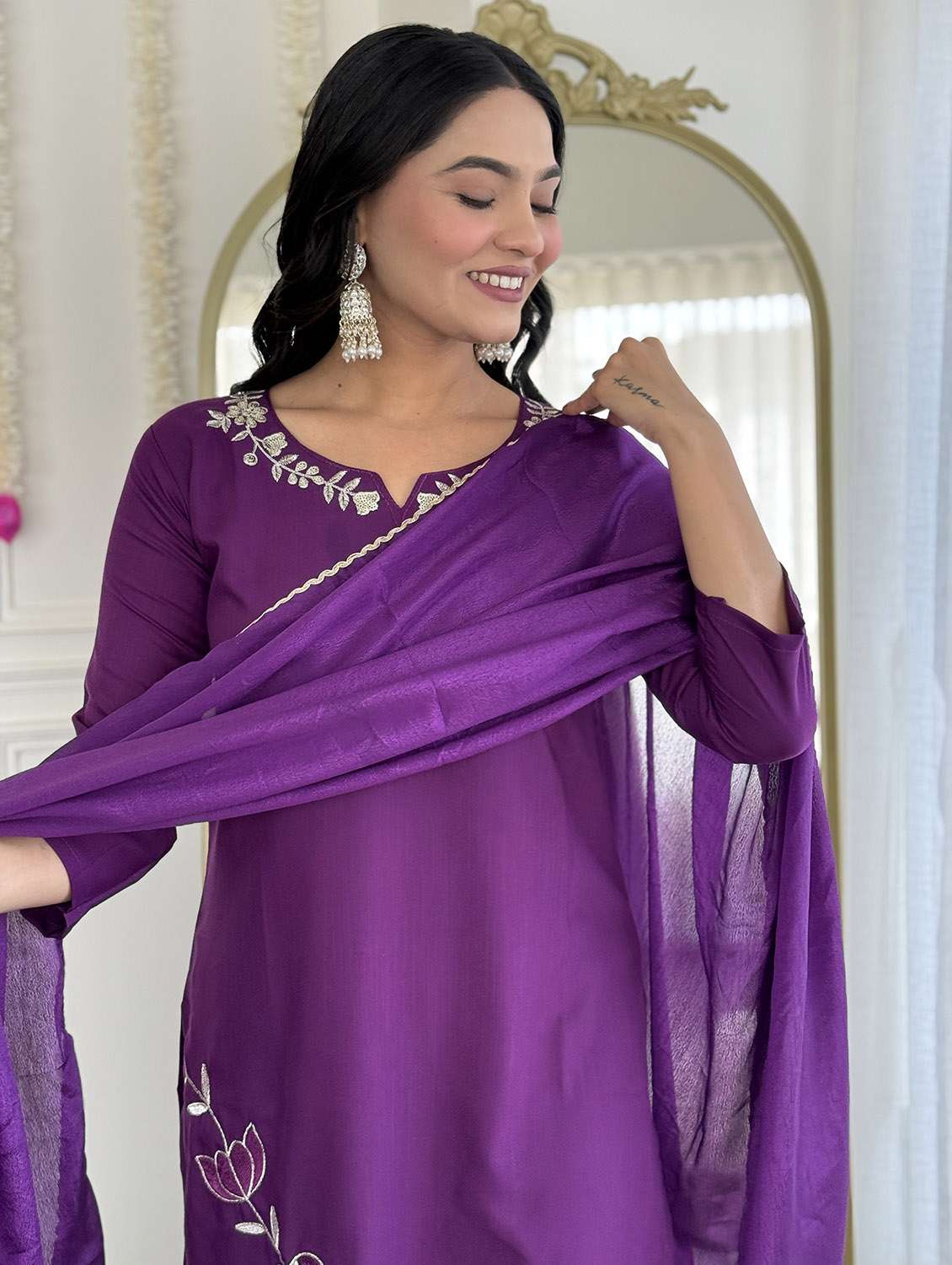 women solid with work three quarter sleeve kurta pant with dupatta set - 22379547 -  Standard Image - 8