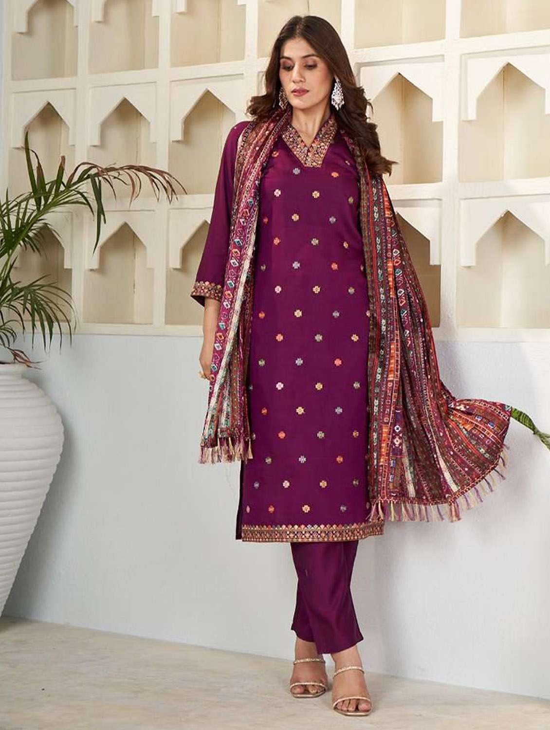women self design three quarter sleeve kurta pant with dupatta set