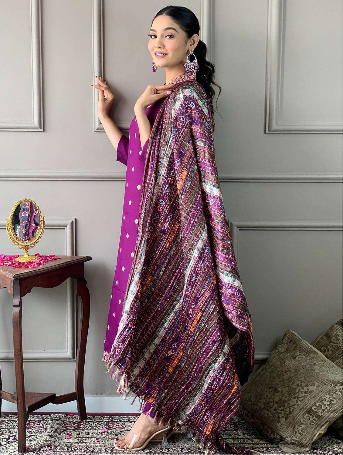 women self design three quarter sleeve kurta pant with dupatta set - 22379556 -  Standard Image - 3