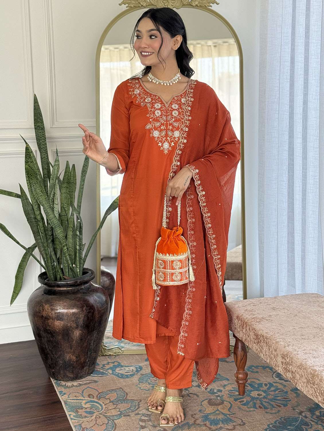 women solid with work three quarter sleeve kurta pant with dupatta set - 22379558 -  Standard Image - 3