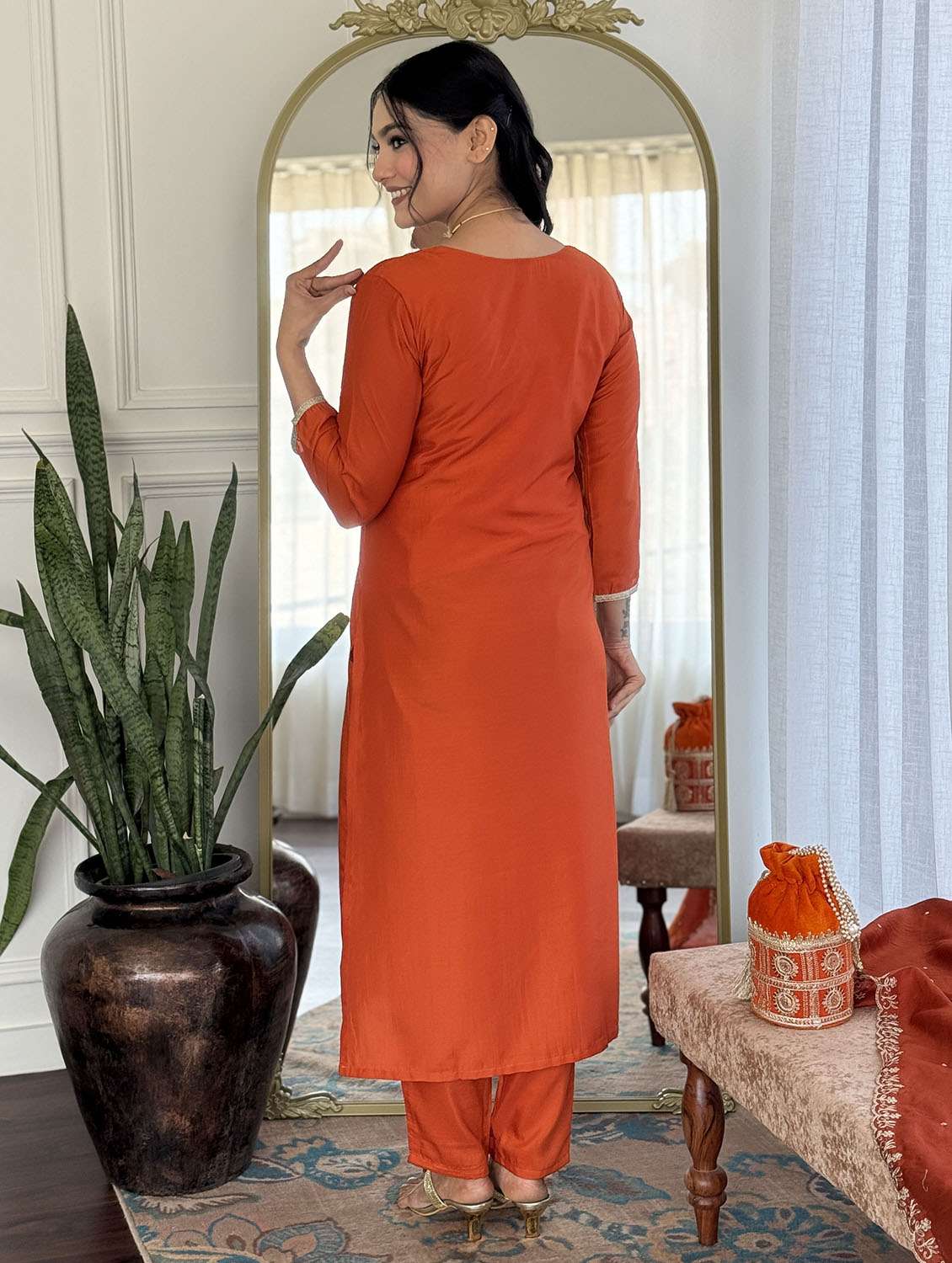 women solid with work three quarter sleeve kurta pant with dupatta set - 22379558 -  Standard Image - 5