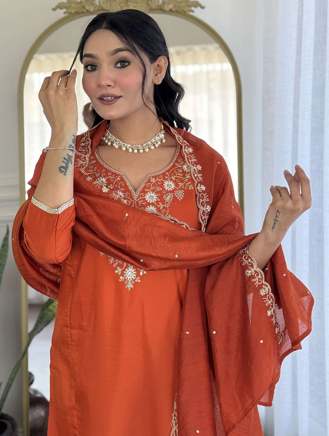 women solid with work three quarter sleeve kurta pant with dupatta set - 22379558 -  Standard Image - 8