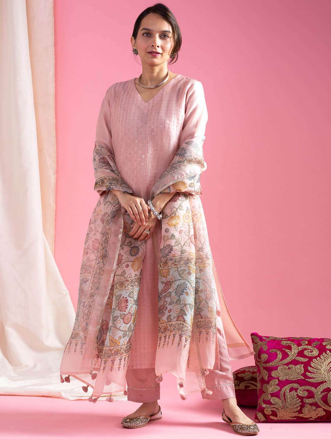 women self design three quarter sleeve kurta pant with dupatta set