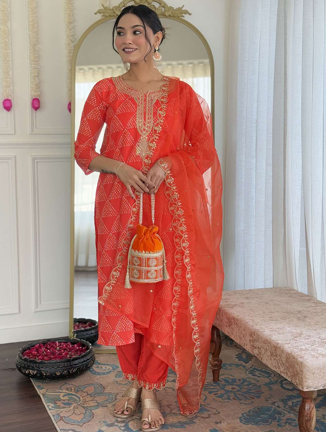 women bandhani three quarter sleeve kurta pant with dupatta set