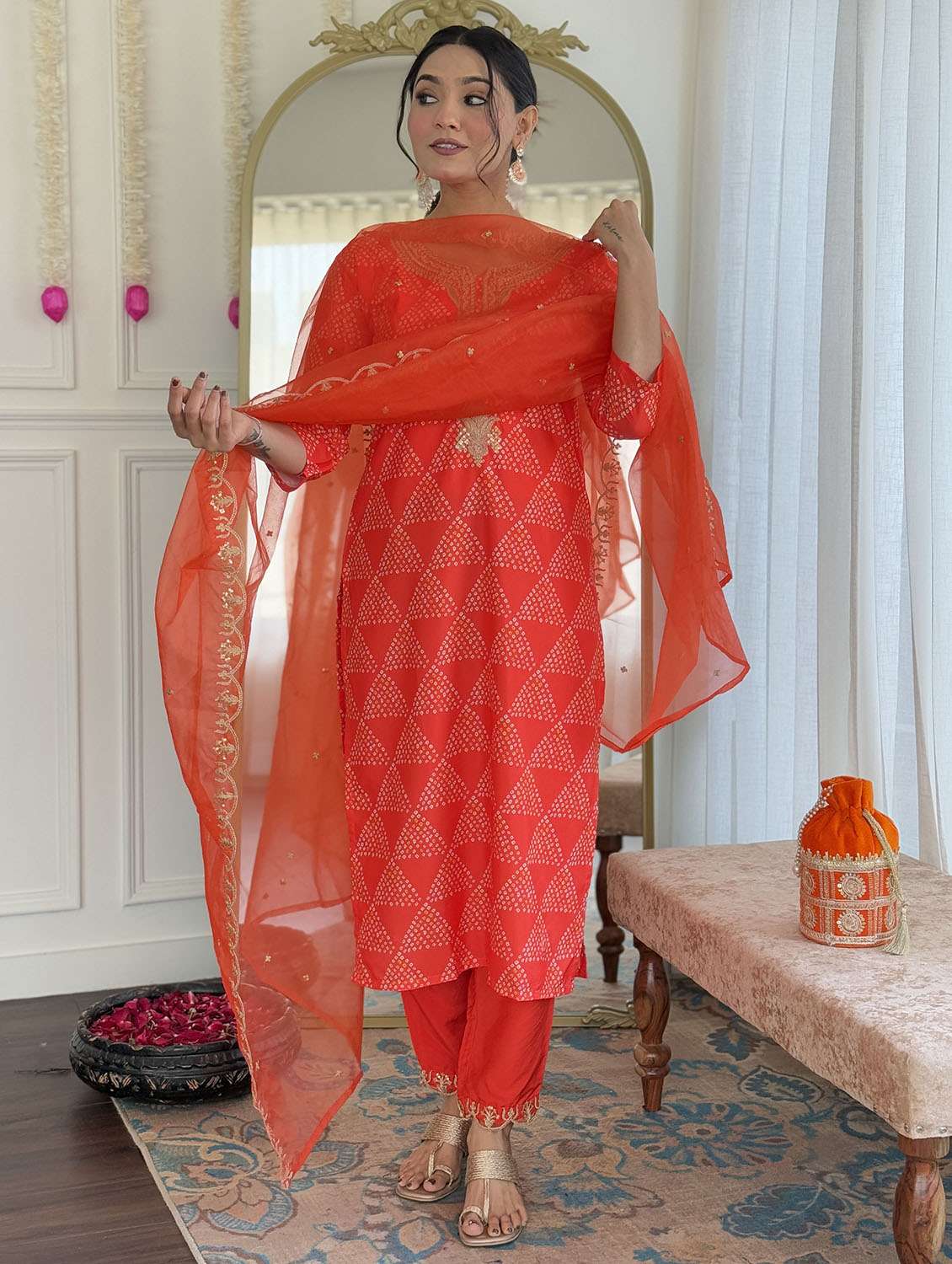 women bandhani three quarter sleeve kurta pant with dupatta set - 22379562 -  Standard Image - 5