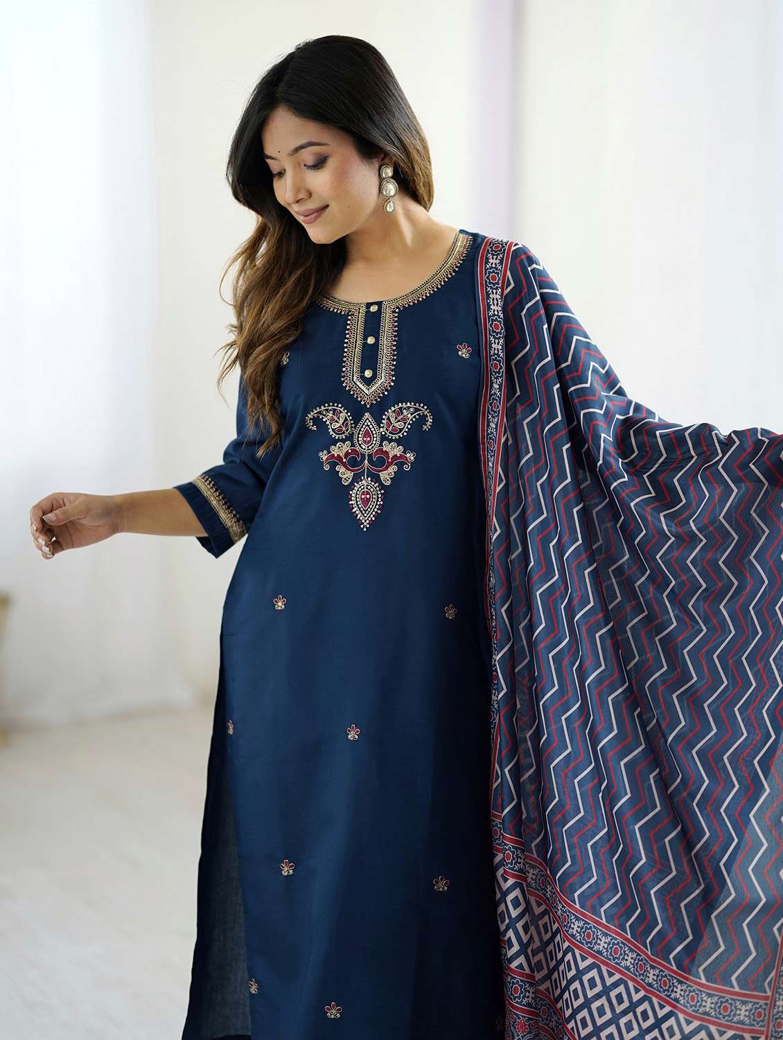 women solid with work three quarter sleeve kurta pant with dupatta set - 22379564 -  Standard Image - 8