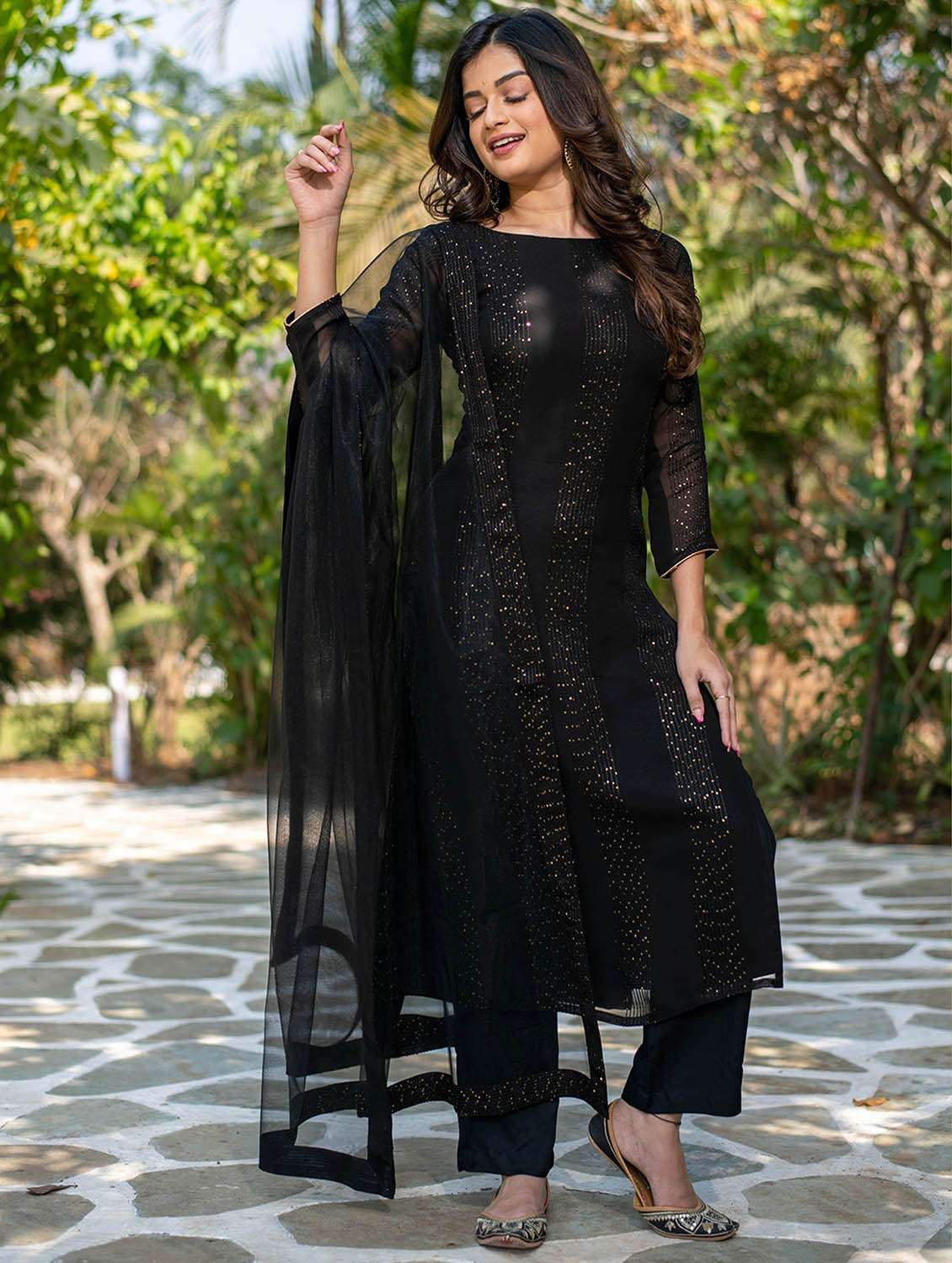 women solid with work three quarter sleeve kurta pant with dupatta set - 22379569 -  Standard Image - 3