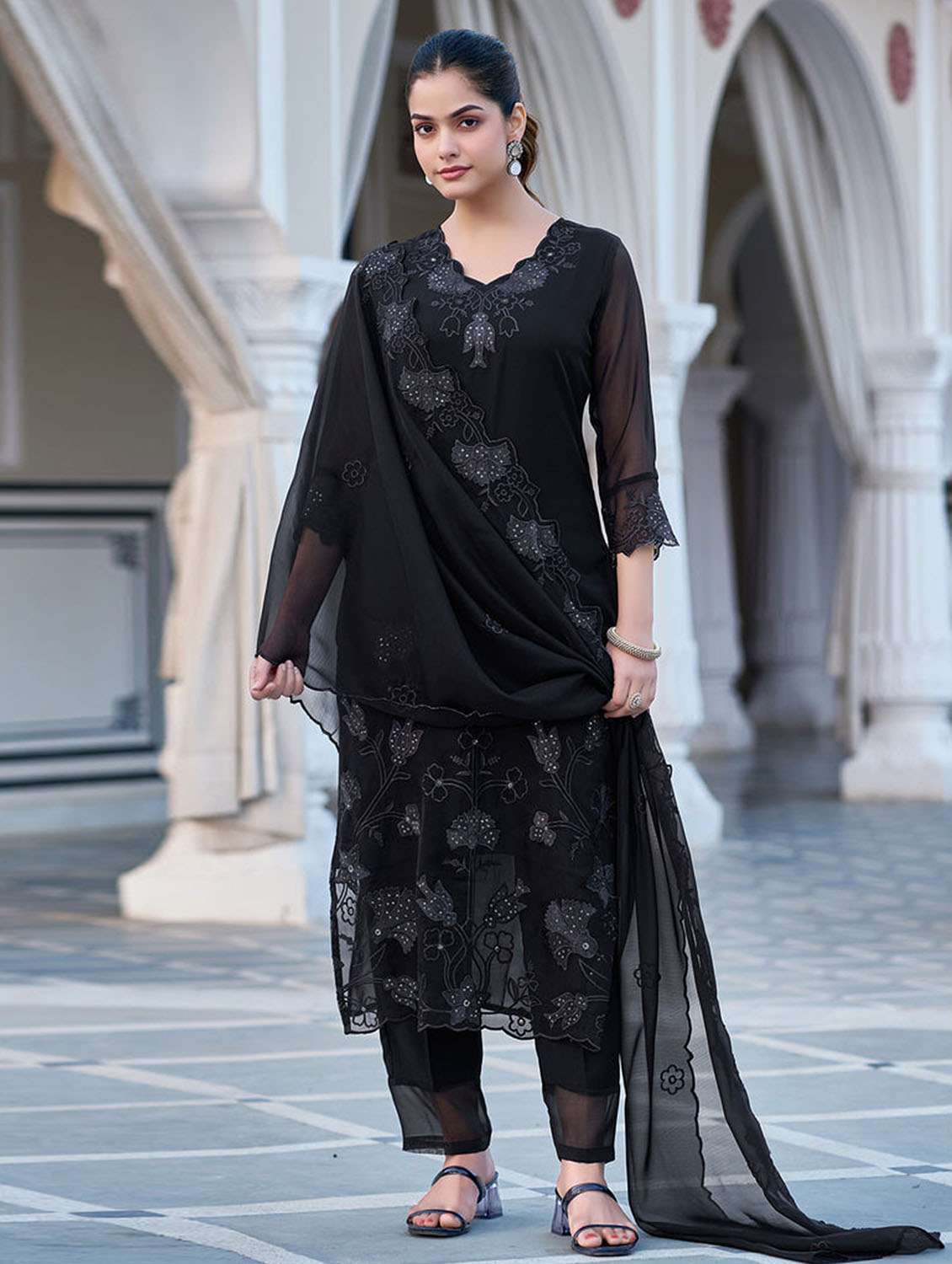 women solid with work three quarter sleeve kurta pant with dupatta set - 22379572 -  Standard Image - 3