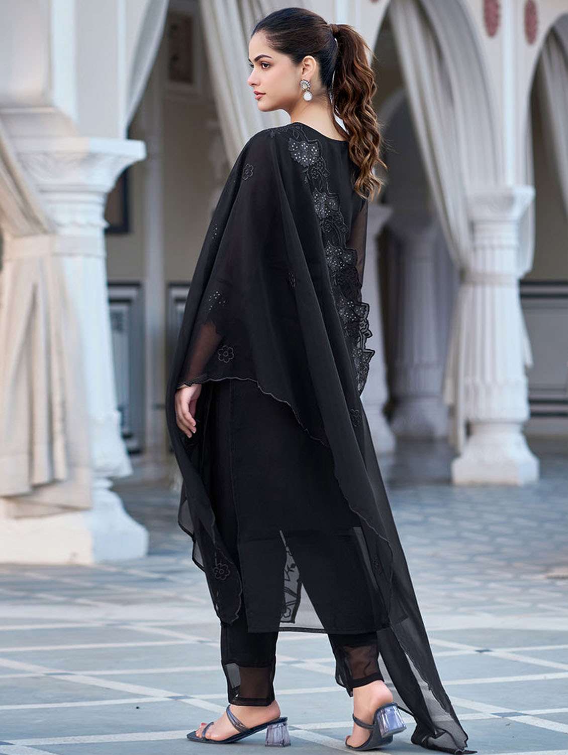 women solid with work three quarter sleeve kurta pant with dupatta set - 22379572 -  Standard Image - 5