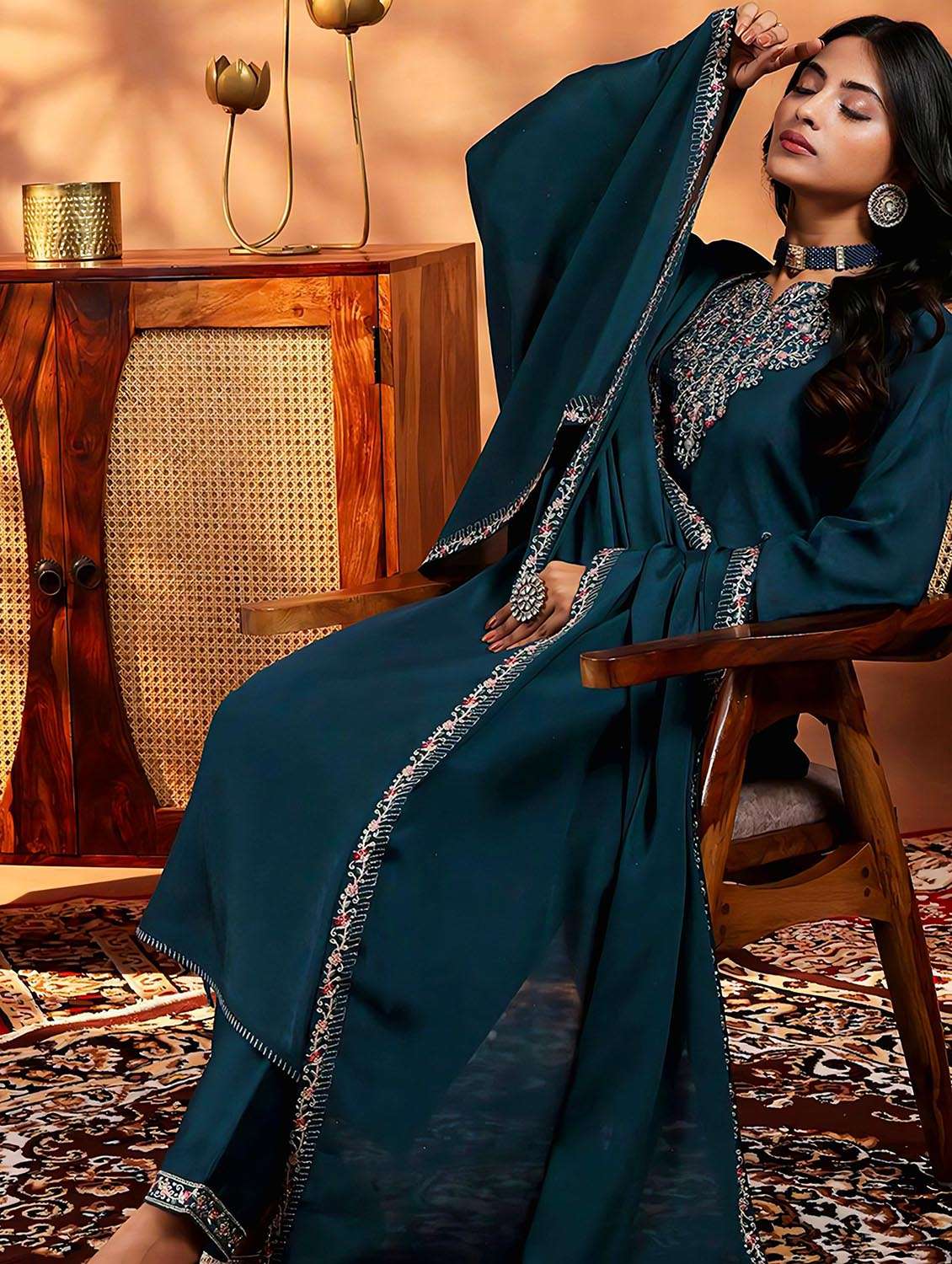 women solid with work long sleeve kurta pant with dupatta set - 22379579 -  Standard Image - 3