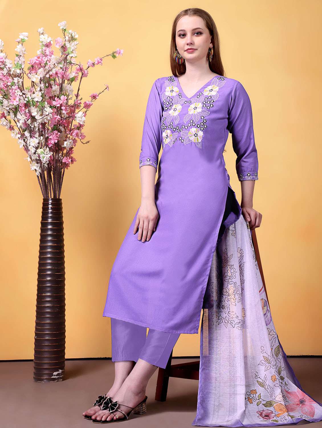 women solid with work three quarter sleeve kurta pant with dupatta set - 22379582 -  Standard Image - 3