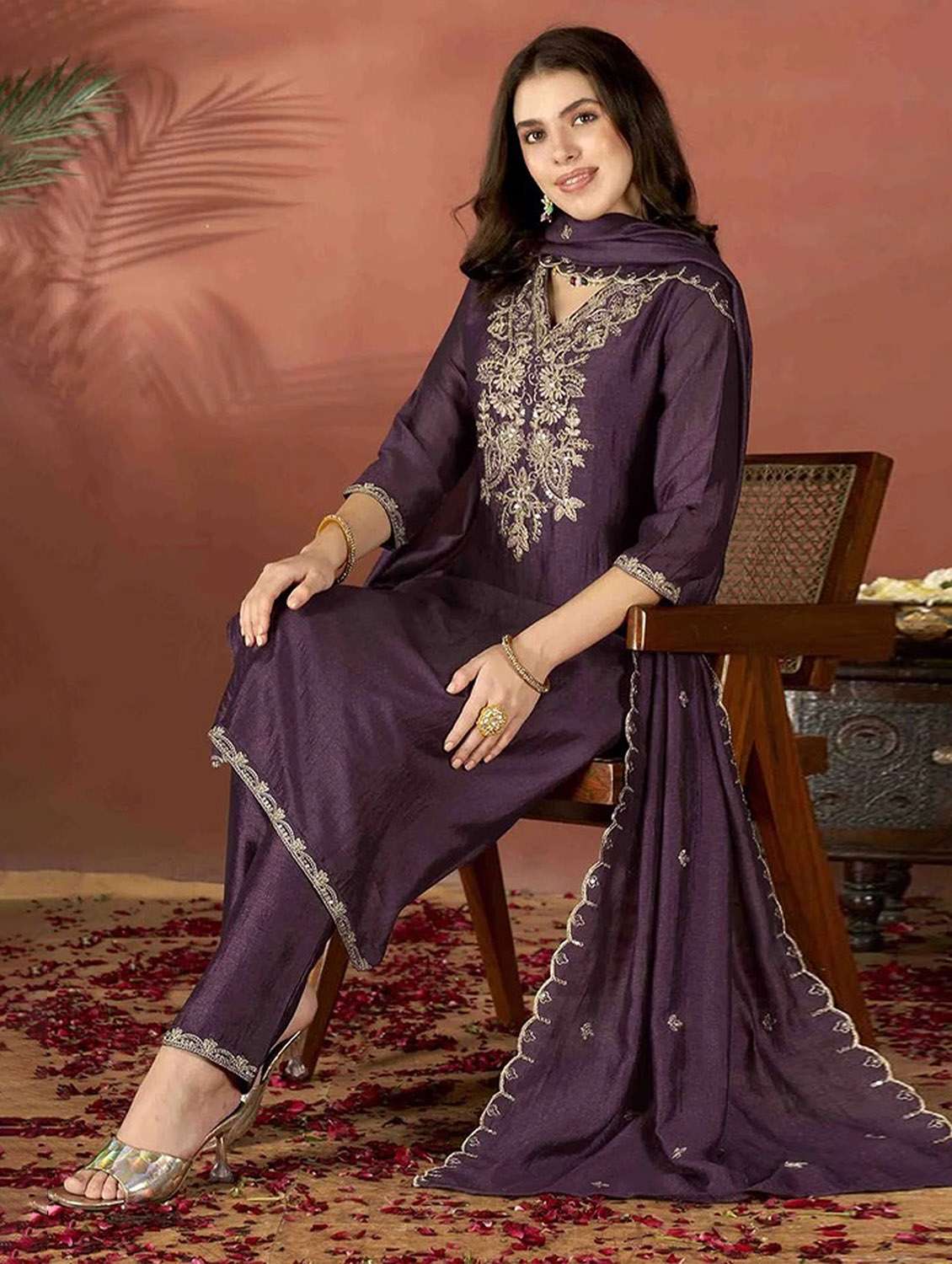 women solid with work three quarter sleeve kurta pant with dupatta set - 22379583 -  Standard Image - 3