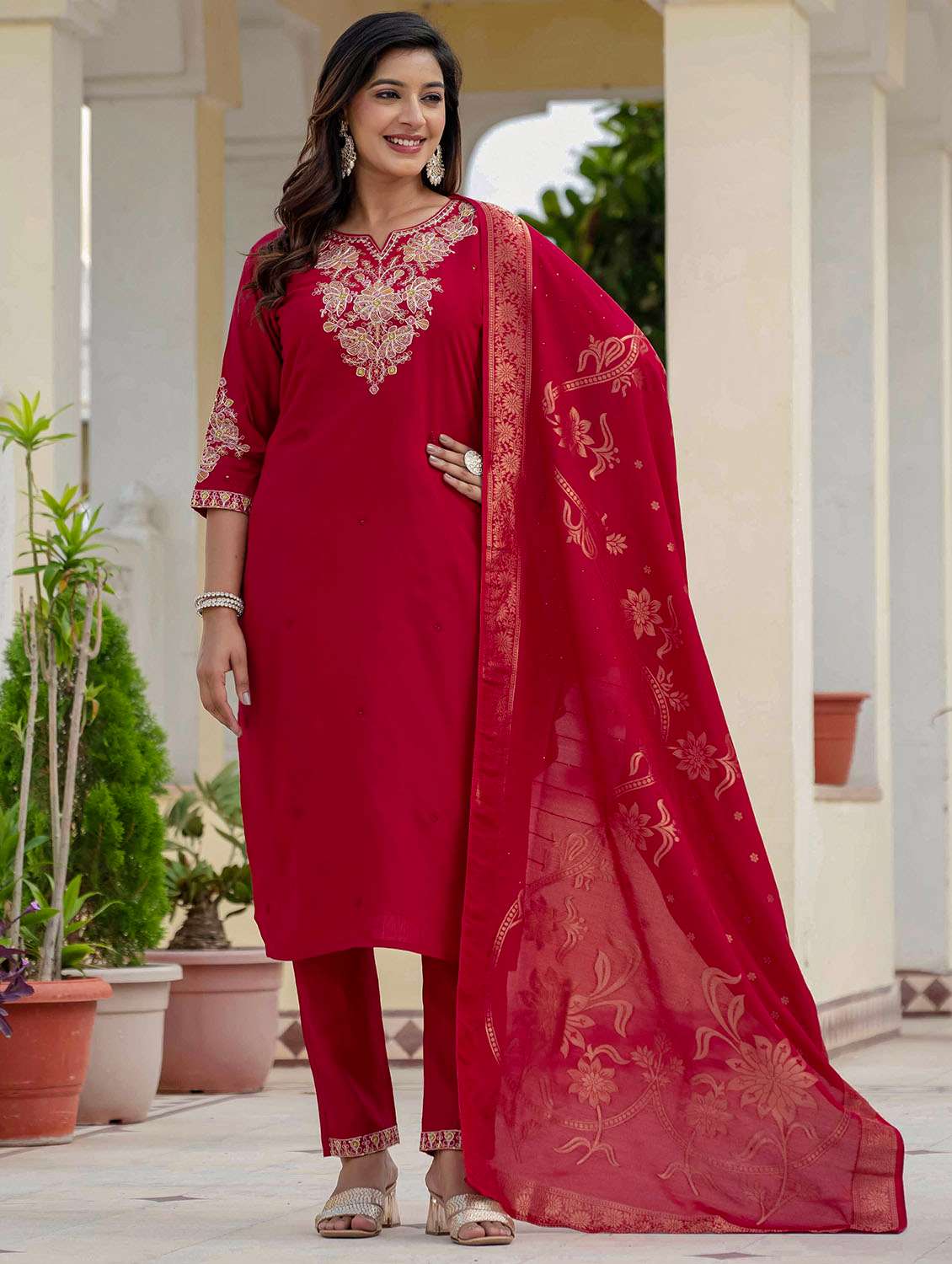 Women Solid With Work Three Quarter Sleeve Kurta Pant With Dupatta Set - 22379584 -  Standard Image - 3