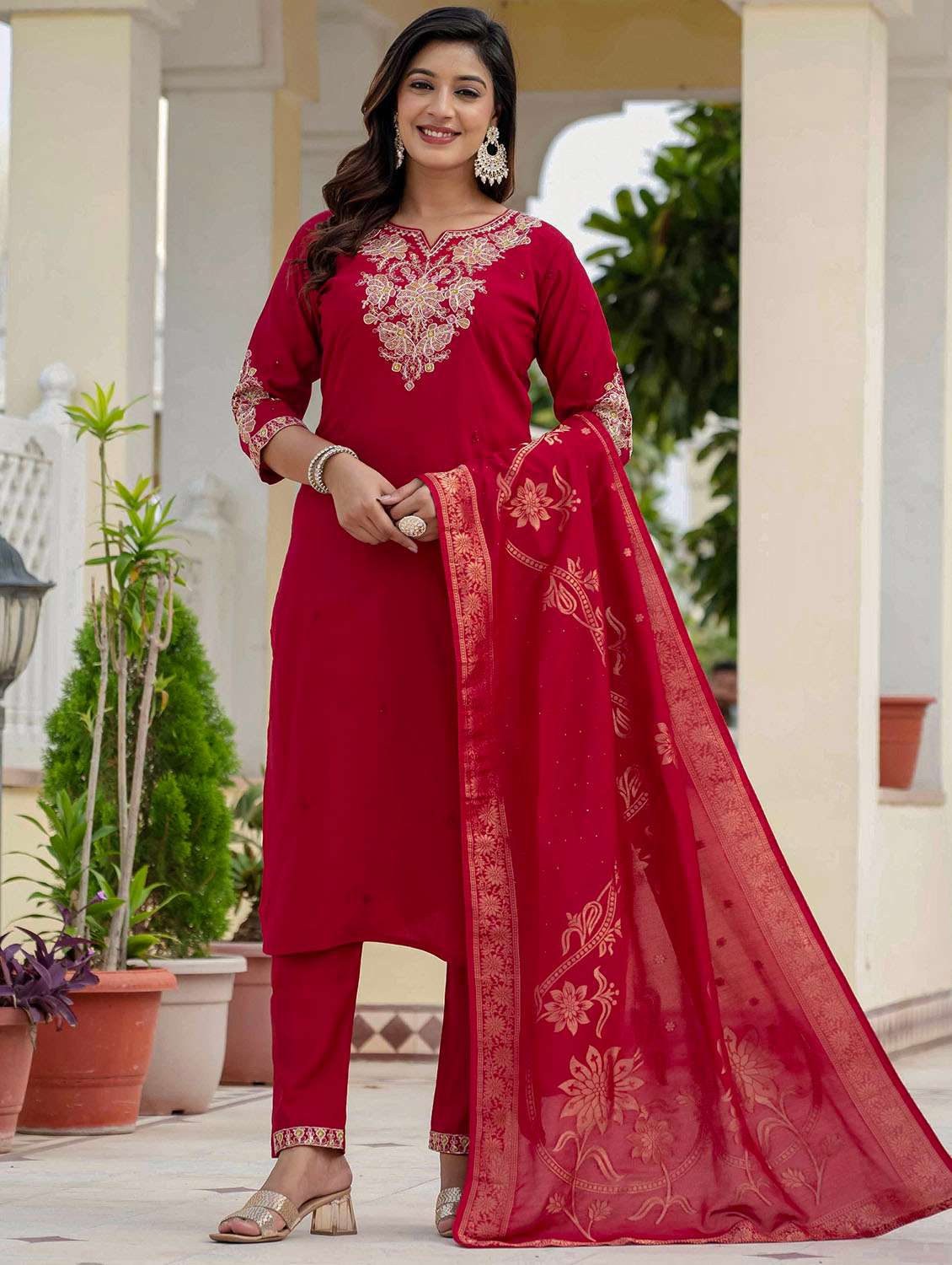 Women Solid With Work Three Quarter Sleeve Kurta Pant With Dupatta Set - 22379584 -  Standard Image - 5