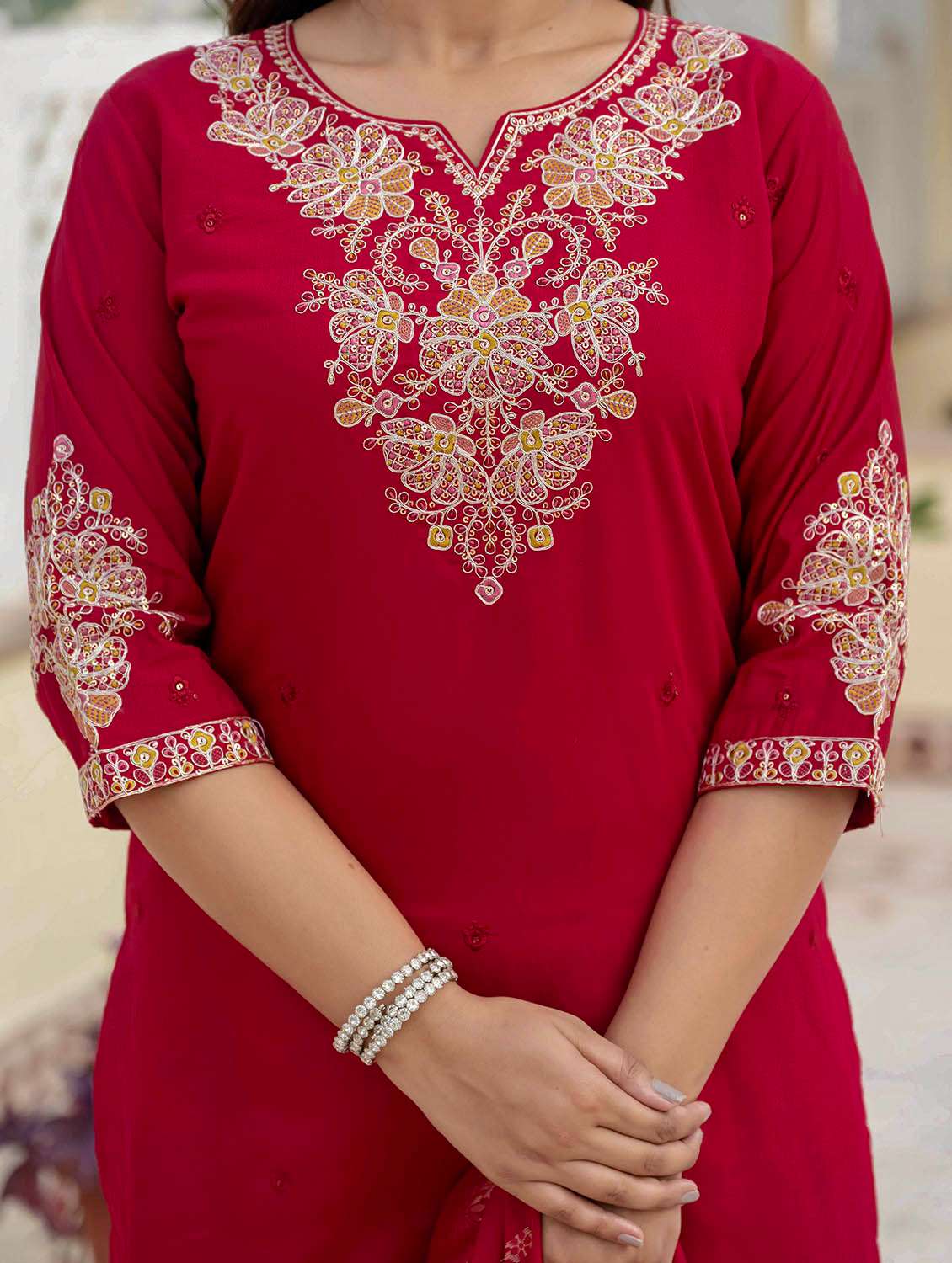 Women Solid With Work Three Quarter Sleeve Kurta Pant With Dupatta Set - 22379584 -  Standard Image - 8