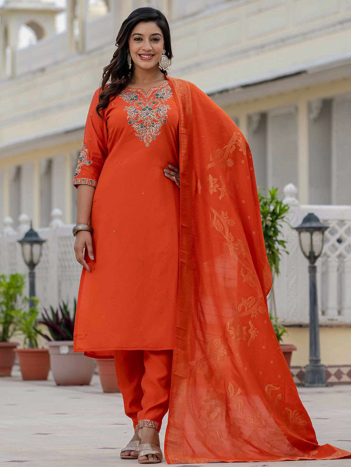 women solid with work three quarter sleeve kurta pant with dupatta set