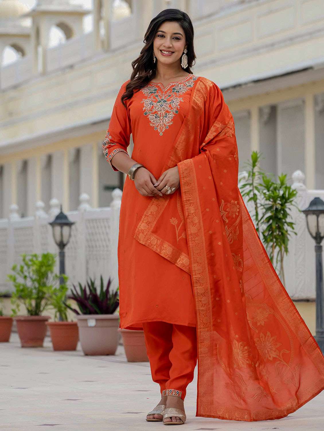 Women Solid With Work Three Quarter Sleeve Kurta Pant With Dupatta Set - 22379585 -  Standard Image - 3