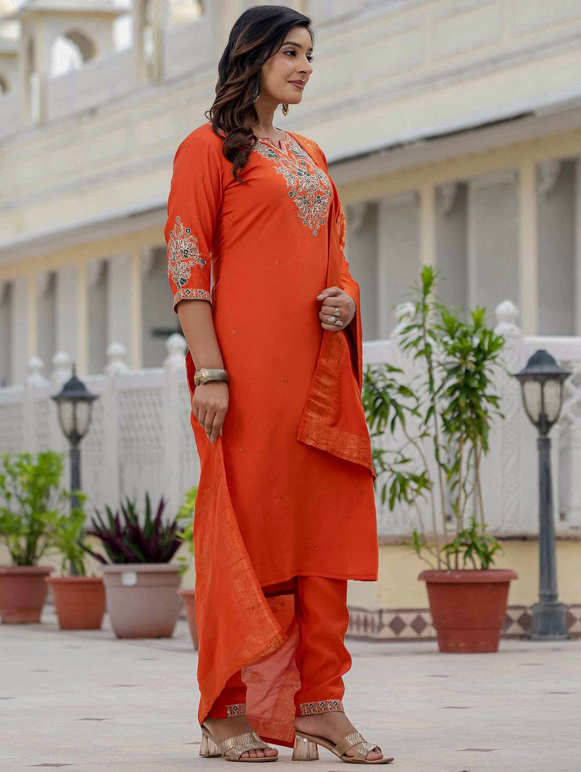 Women Solid With Work Three Quarter Sleeve Kurta Pant With Dupatta Set - 22379585 -  Standard Image - 5