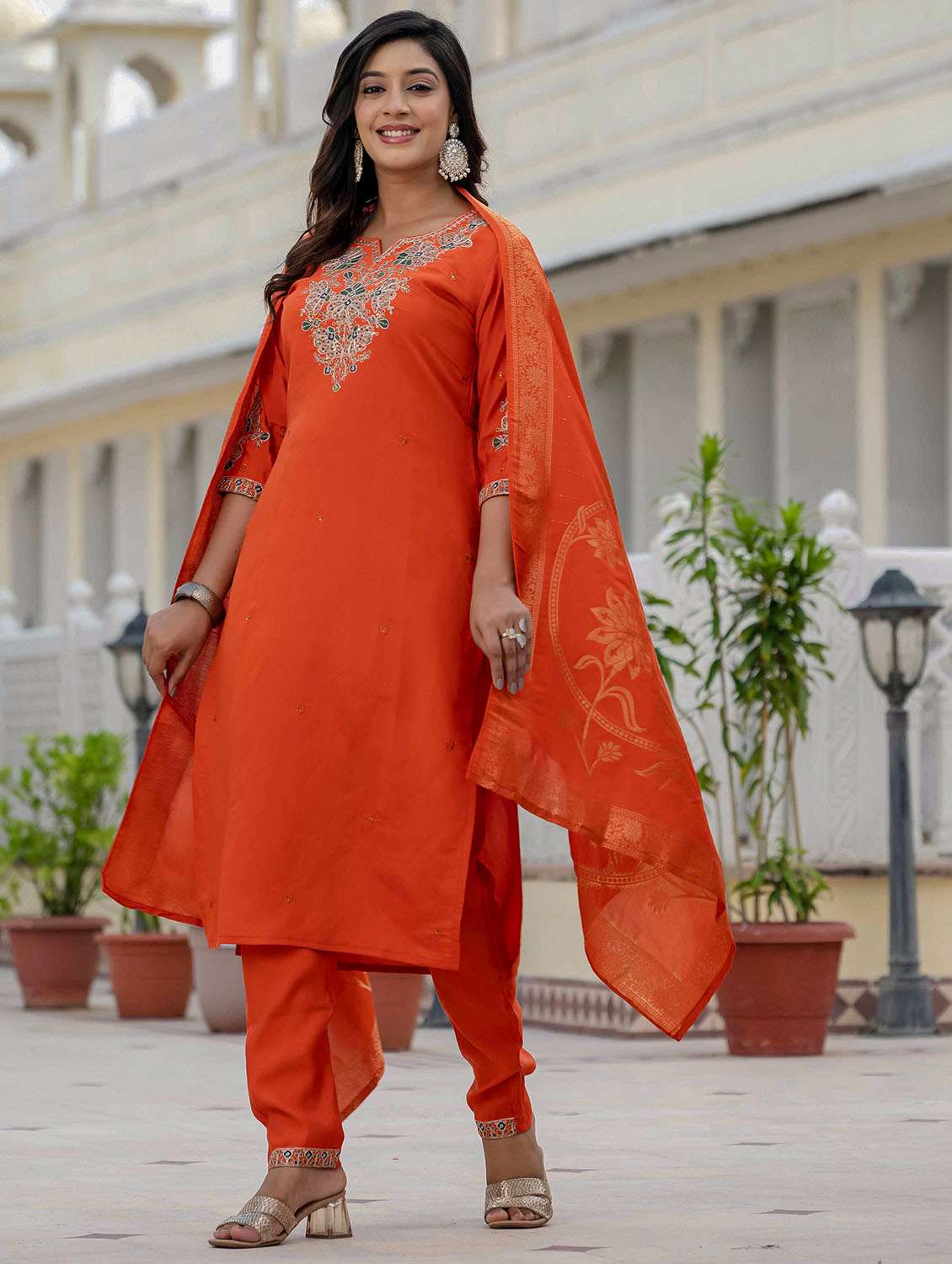 Women Solid With Work Three Quarter Sleeve Kurta Pant With Dupatta Set - 22379585 -  Standard Image - 8